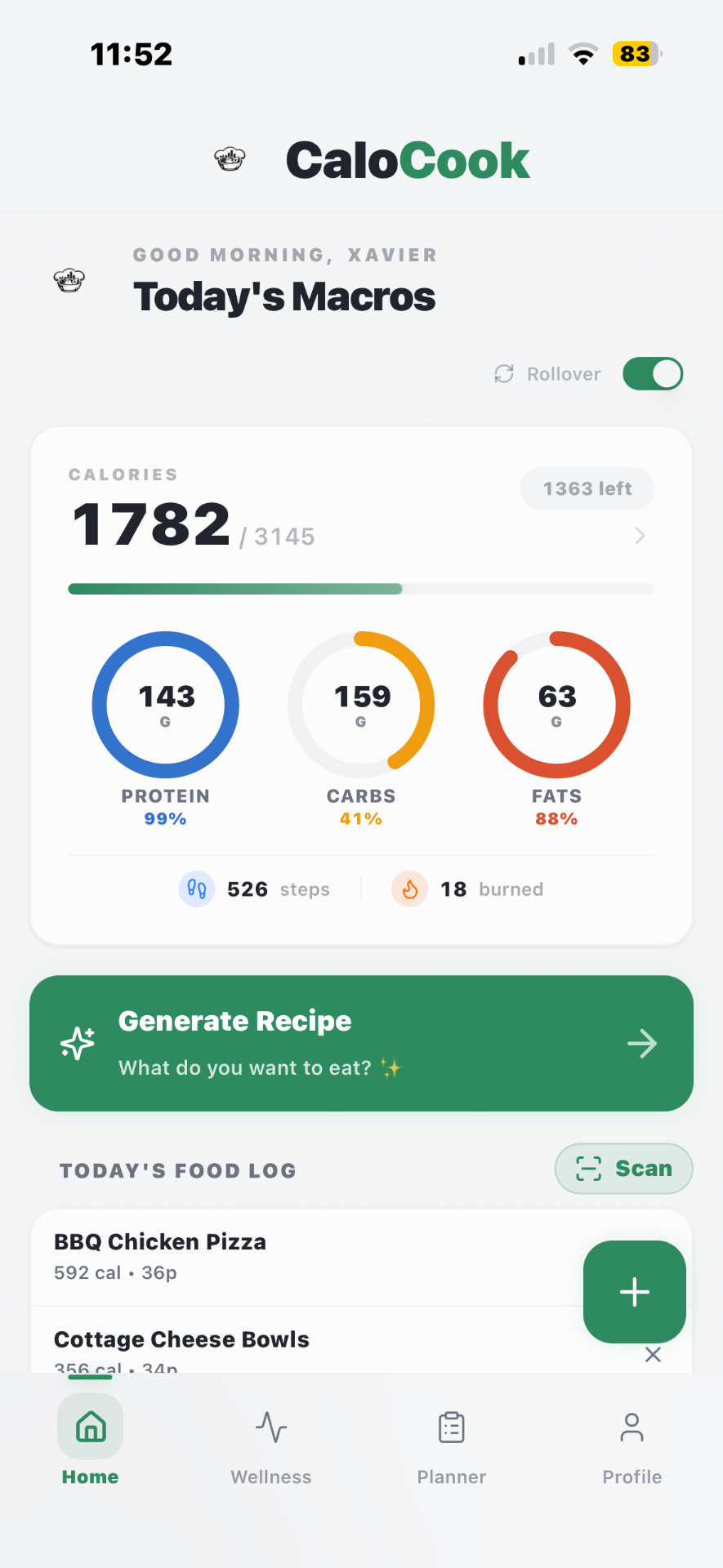 CaloCook home dashboard with today's macros