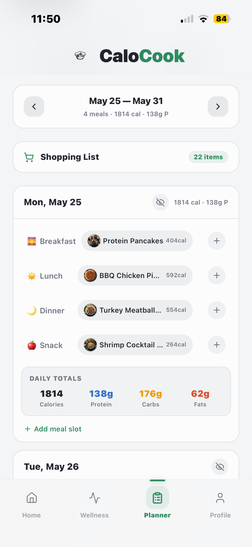 CaloCook weekly meal planner